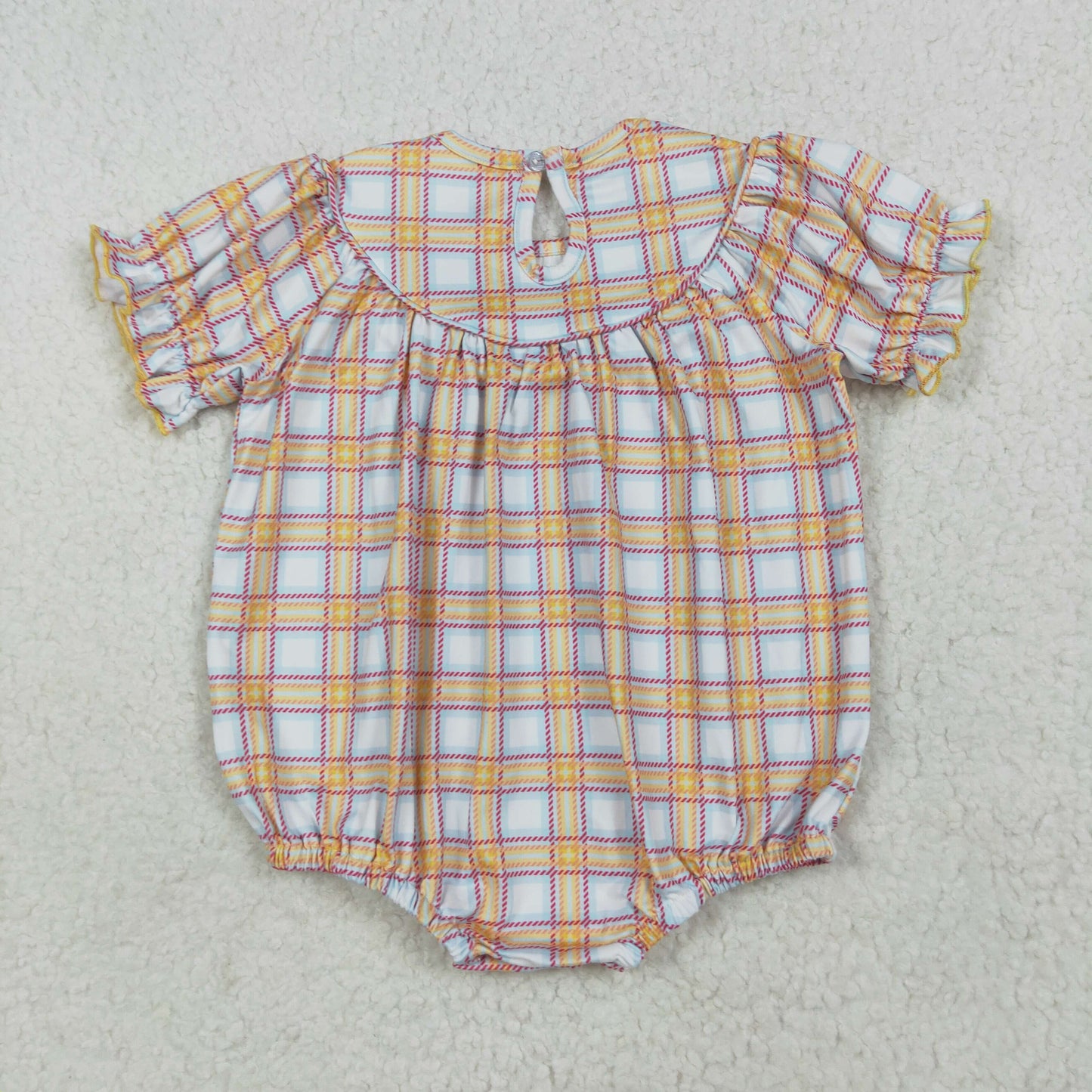 smocked embrodiery SR2982 farm pig cow animals tractor khaki checkered short sleeve girls romper