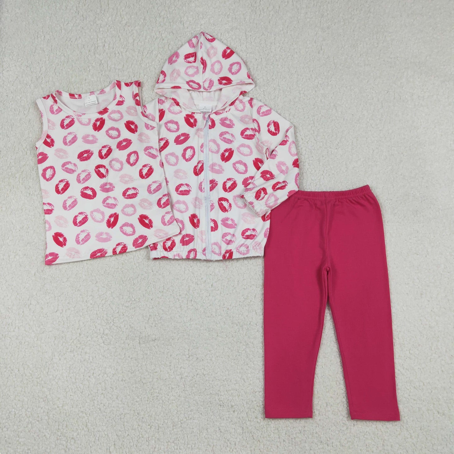 3PC GLP3120 Valentine's Day Lips Top + Zipper Hoodie Long Sleeve Hot Pink Pants Girls Set