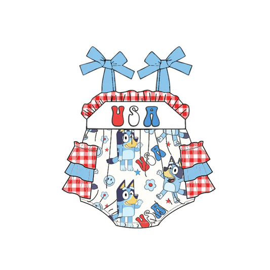 custom style July 4th blue dog USA blue girls romper