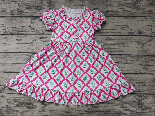custom S cute blue flowers hot pink print short sleeve girls dress