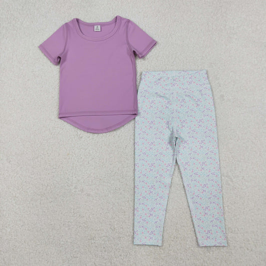 GSPO2067 yoga purple short sleeve colorful flowers floral pants girls set