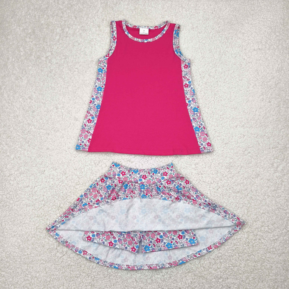 GSD1926 hot pink vest t-shirt colorful flowers skirt girls milk silk set