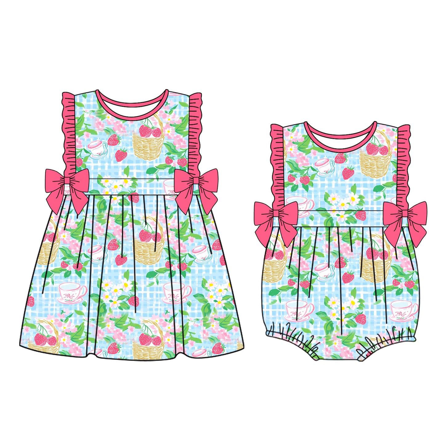 custom moq 5 Strawberry Pink Flowers Hot Pink Bows Dress/Romper Sibling Clothes
