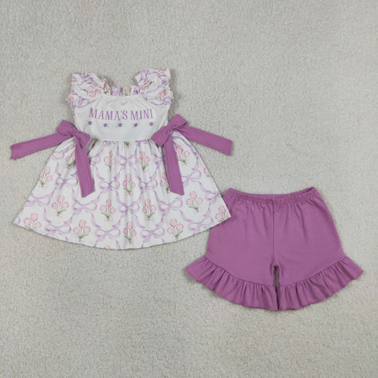 GSSO2489 mama's mini bows flowers short sleeve purple shorts girls set