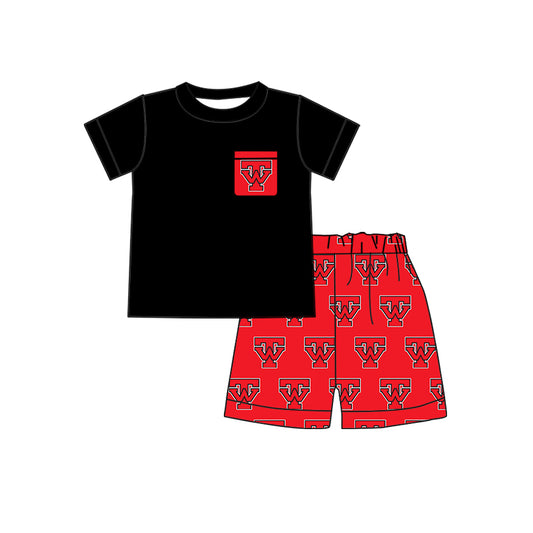 custom style TW football black short sleeve red shorts boys set