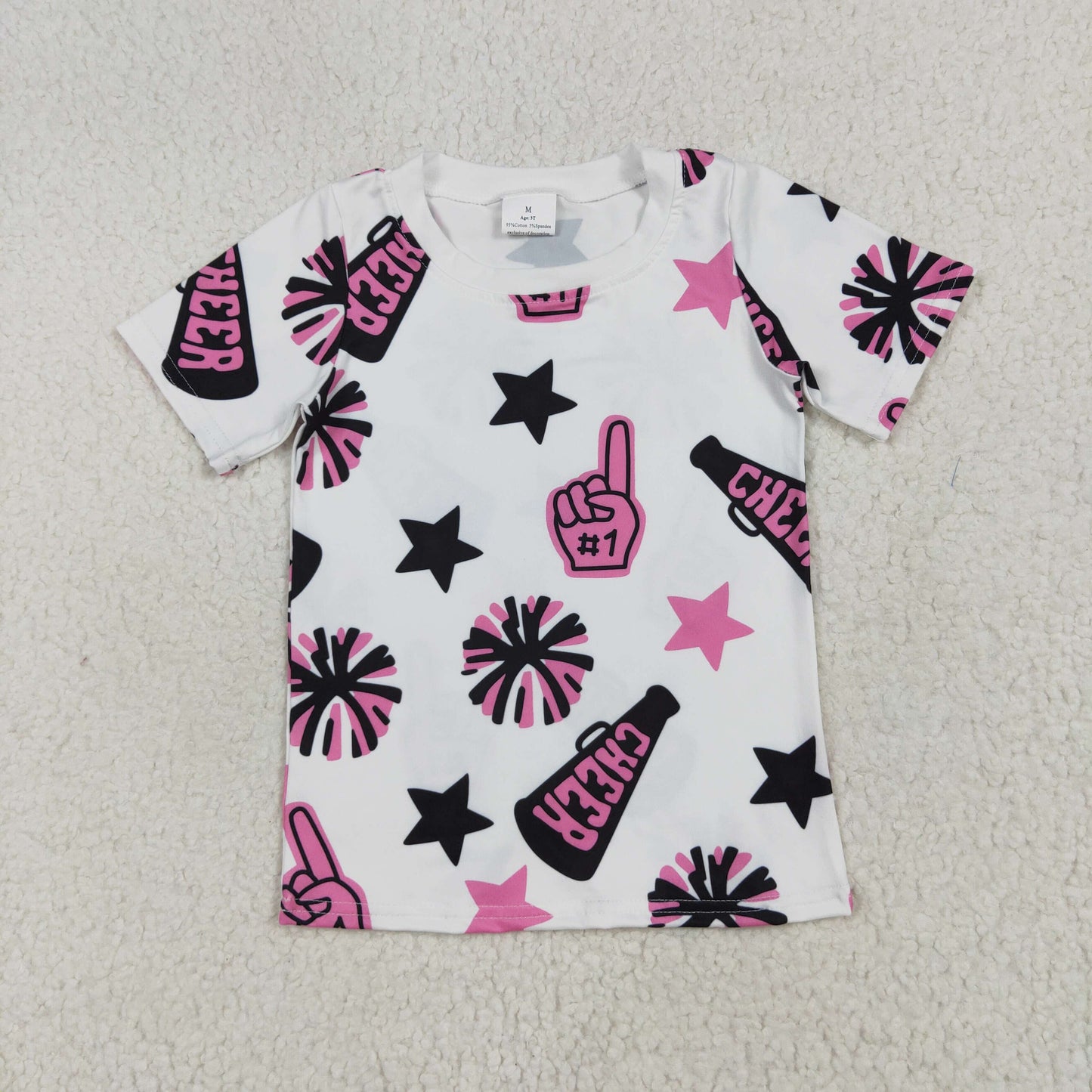 GT0994 Football Team Cheer Star Hot Pink/Black Short Sleeve Girls Top
