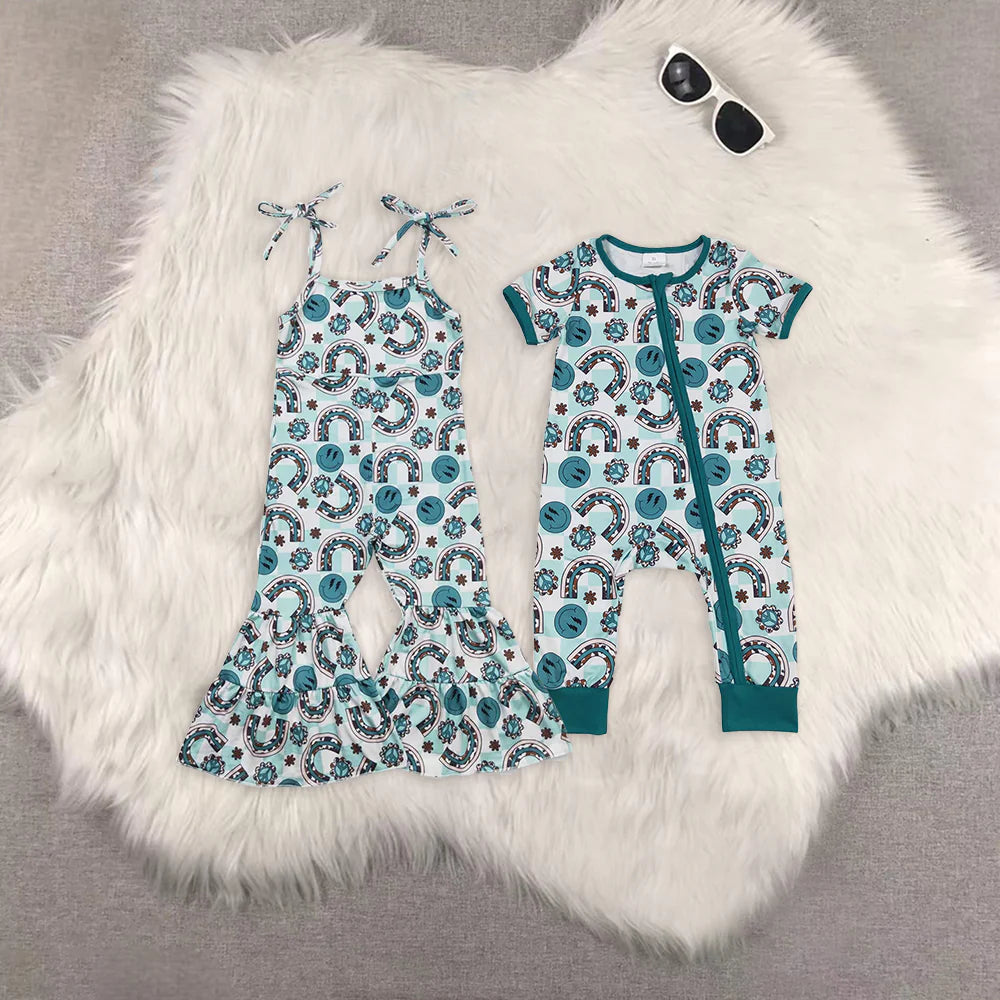 smile flowers green checkered jumpsuits/romper RTS sibling clothes