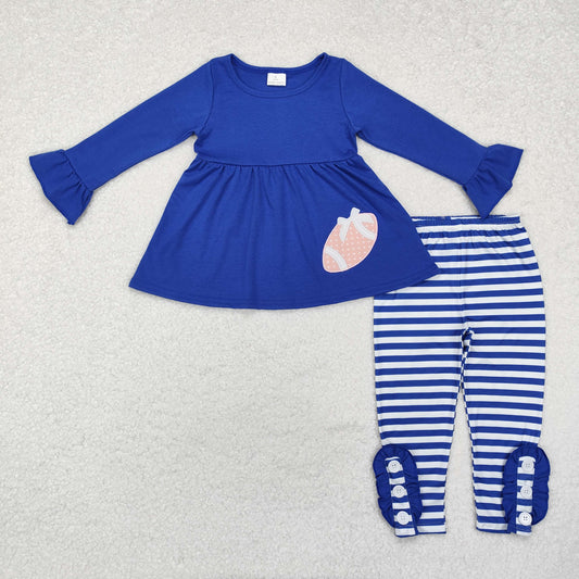 embroidery GLP1547 football navy blue long sleeve striped pants girls set