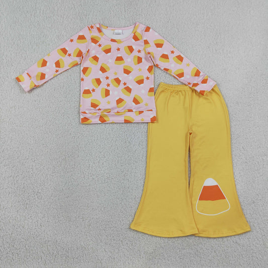 GLP3535 Halloween Corn Candy Pink Long Sleeve Pants Girls Set