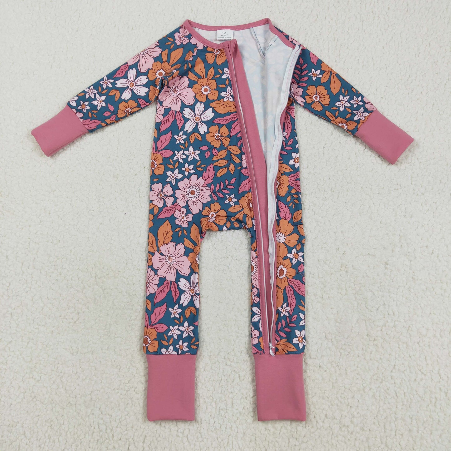 Custom moq 20 bamboo colorful flowers pink zipper long sleeve girls romper