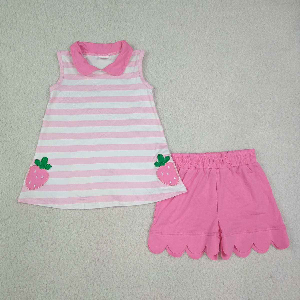 GSSO3631 Strawberry Pink Striped Sleeveless Shorts Girls Set