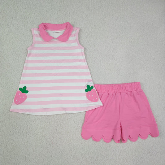 GSSO3631 Strawberry Pink Striped Sleeveless Shorts Girls Set