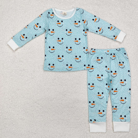 BLP0543 bamboo Christmas snowman blue long sleeve pants boys pajamas