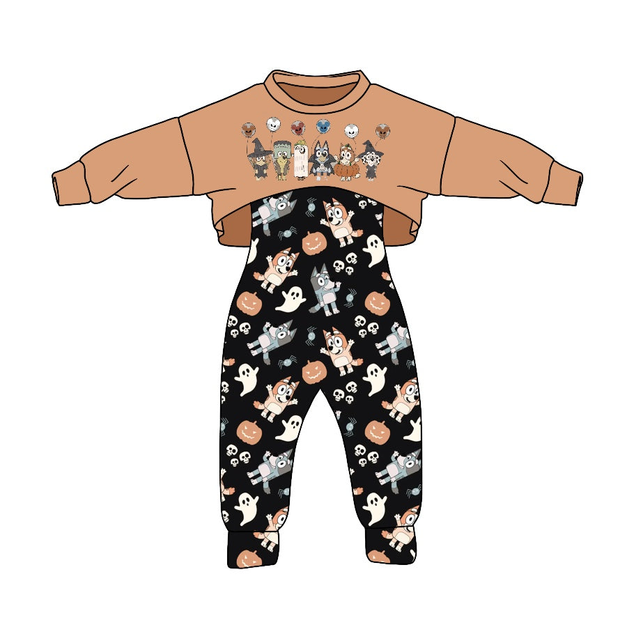 custom S 8.4 Halloween cartoon dog brown long sleeve black jumpsuits girls set