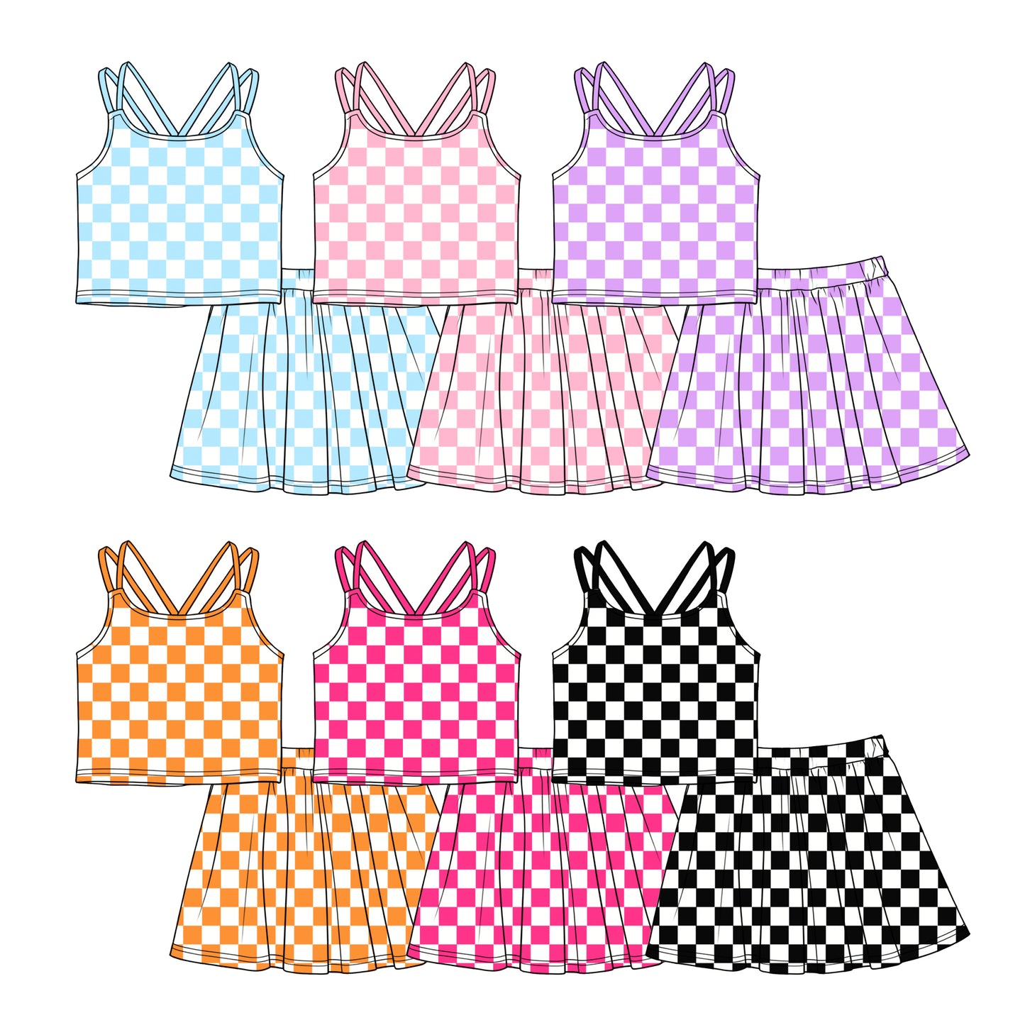Custom Moq 3 Colorful Checkered Girl Short Sleeve Shorts Girls Set