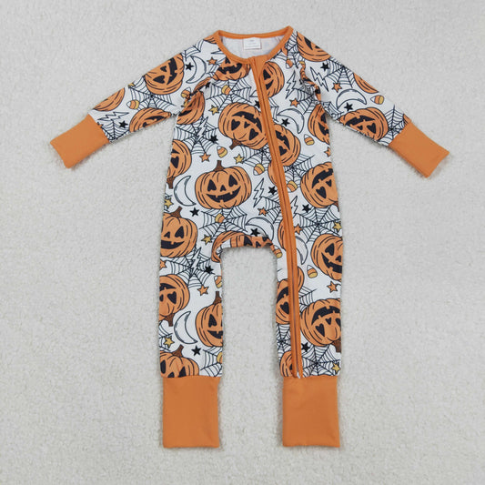 LR2528 Halloween smile pumpkin orange zipper long sleeve boys romper