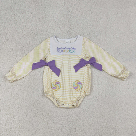Embroidery LR2770 Mardi Gras bows sweet as king cake bows long sleeve girls romper