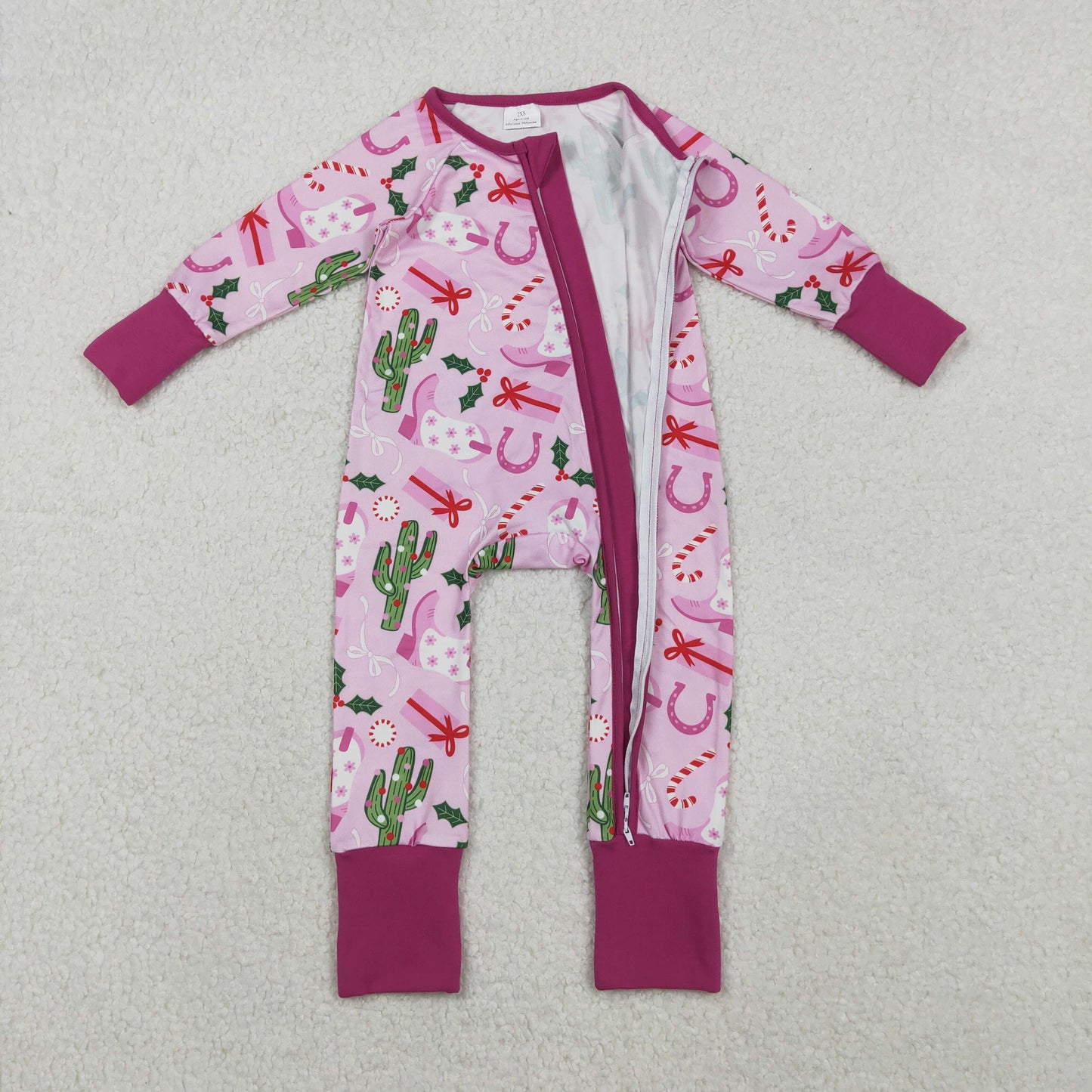 LR1742 Christmas Western cactus boot holly berry hot pink long sleeve zipper girls romper