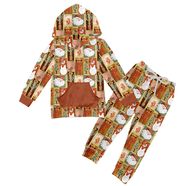 custom Christmas Western Santa gingerbread man pocket long sleeve hoodie pants boys set