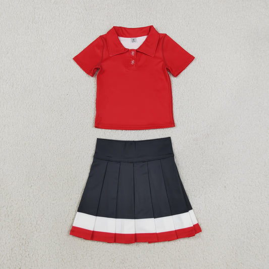 GSD4262 Yoga Red Short Sleeve Black Skirt Girls Set