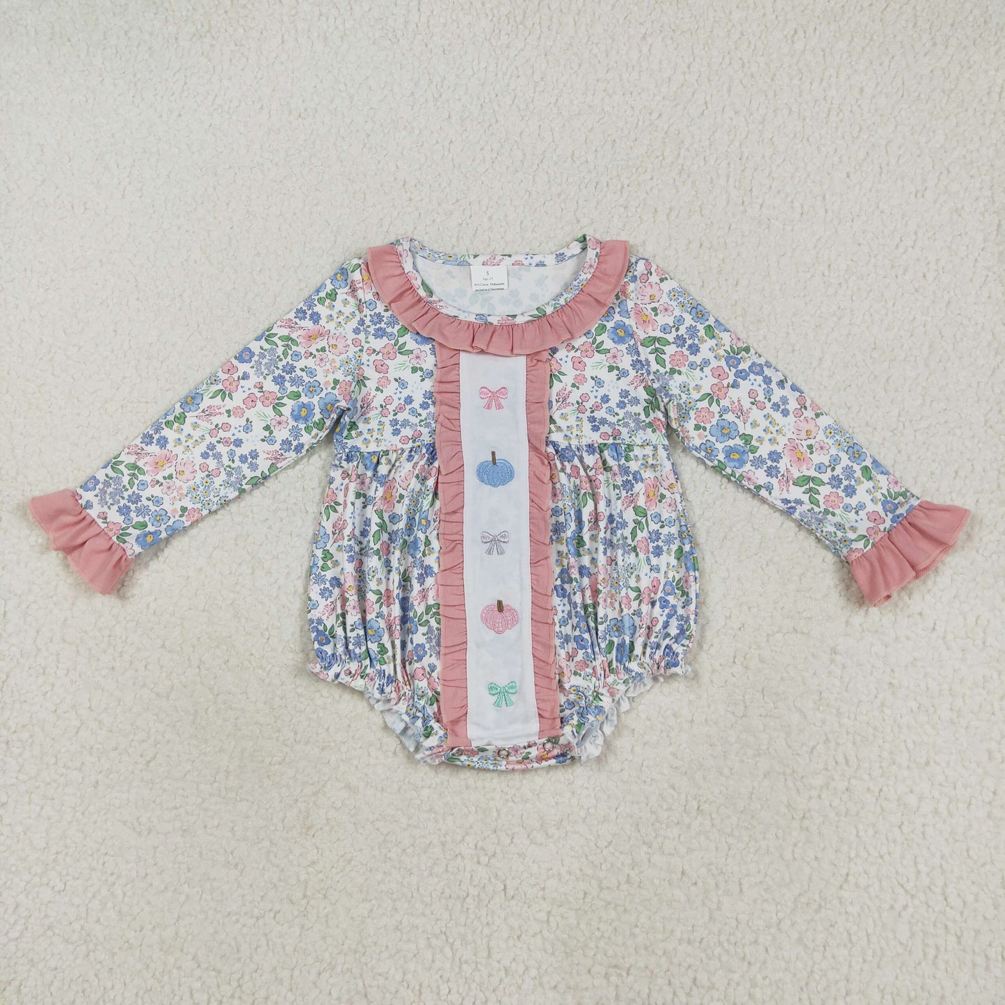 embroidery LR2273 blue/pink pumpkin bows flowers floral long sleeve girls romper