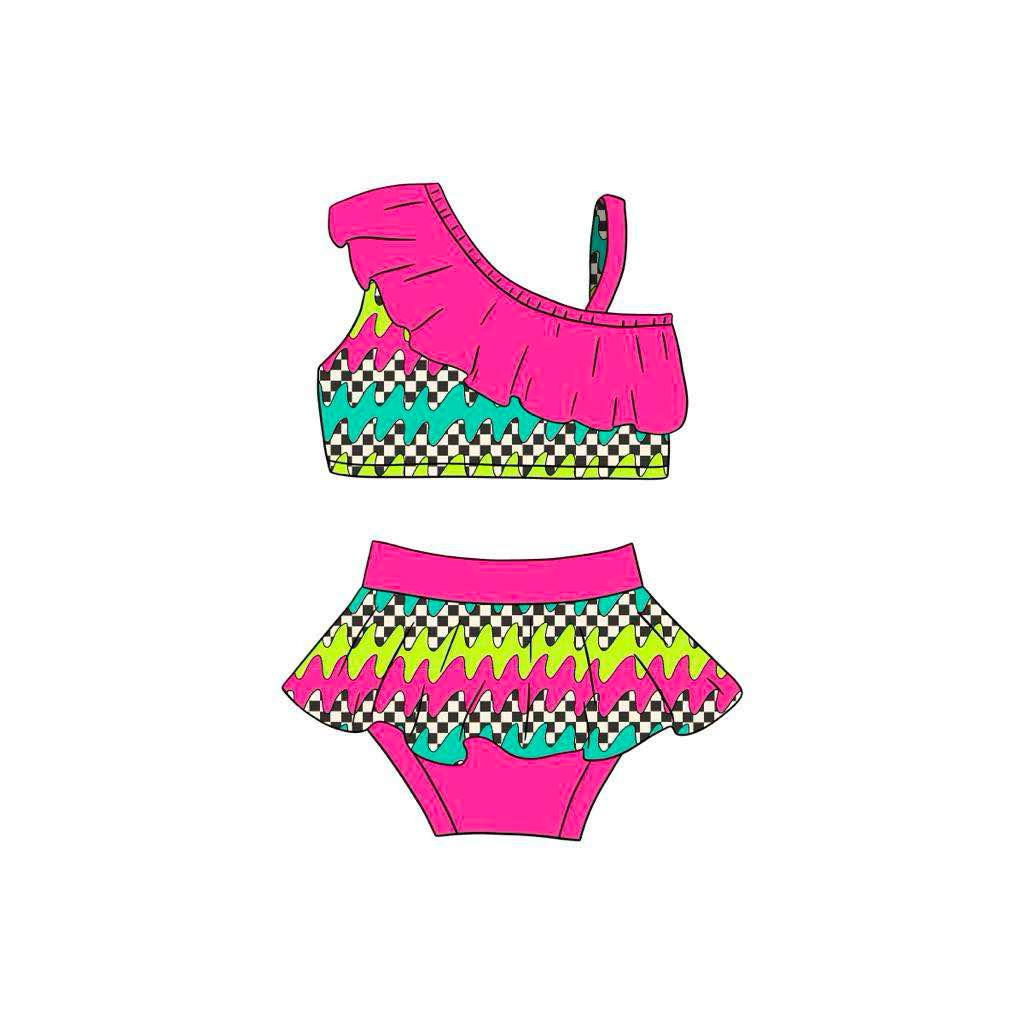 custom ice black checkered hot pink girls 2pc swimsuits