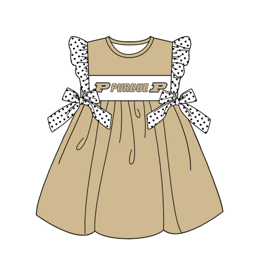 Custom Moq 3 Football Team Purdue Kahki Flutter Sleeve Bows Girls Dress