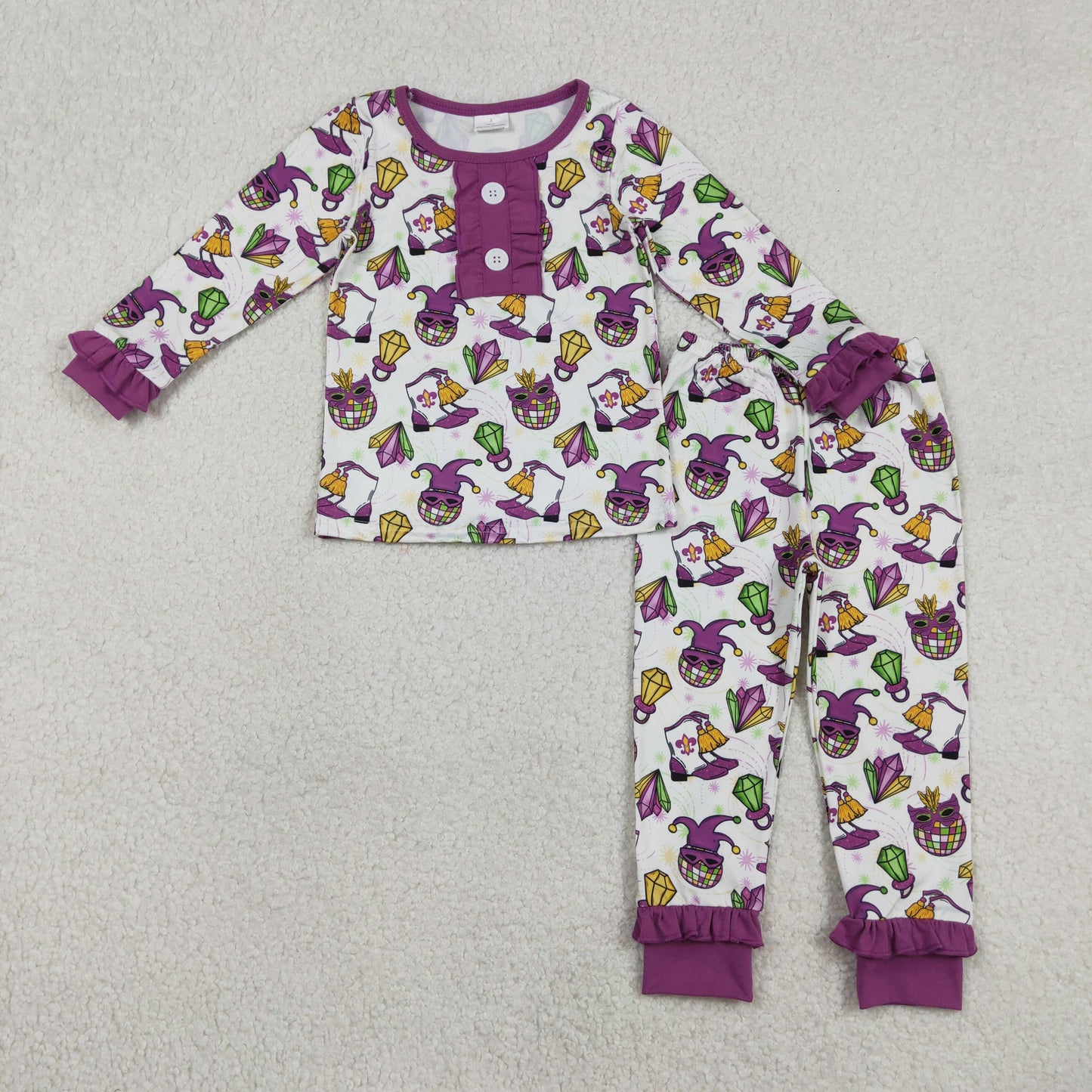 GLP2113 Mardi Gras cartoon boots light purple long sleeve pants girls pajamas