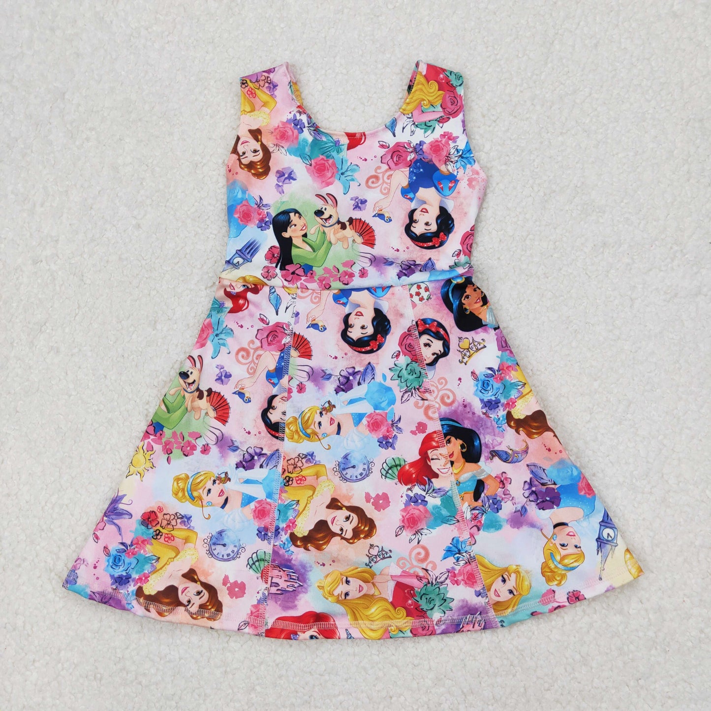 GSD2136 yoga cartoon princess flowers twril bow sleeveless girls dress with shorts
