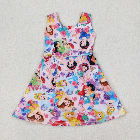 GSD2136 yoga cartoon princess flowers twril bow sleeveless girls dress with shorts