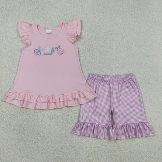 Embroidery GSSO3305 Ladybug Snail Pink Flutter Sleeve Purple Shorts Girls Set