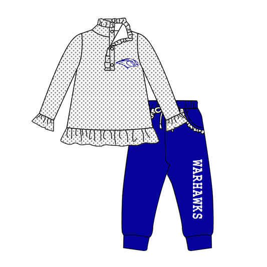 custom football team WARHAWKS eagle dot long sleeve pullover blue pants girls set