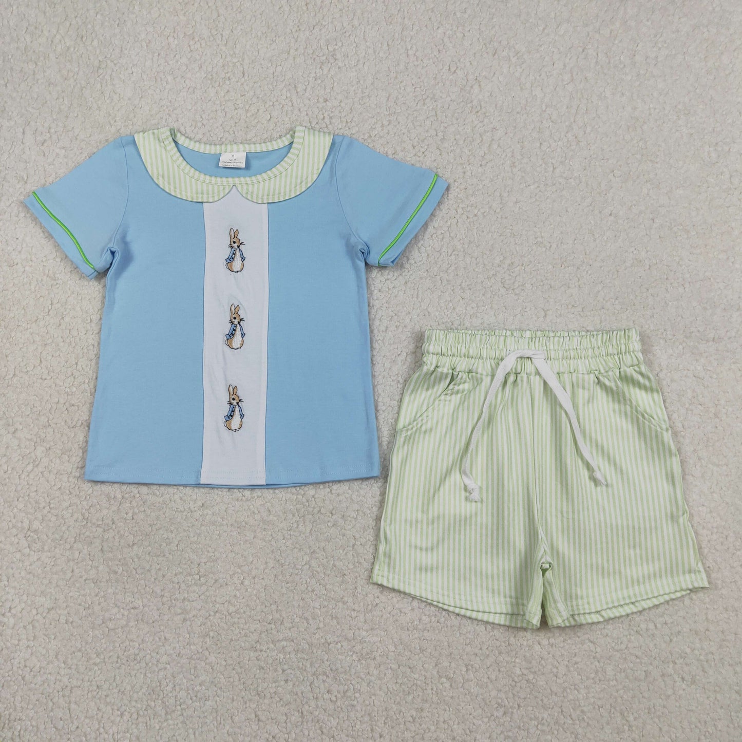Embroidery BSSO1564 Easter bunny rabbit blue short sleeve shorts boys set