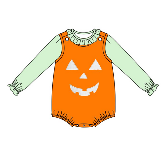 preorder LR1390 Halloween light green long sleeve pumpkin 2pcs girls romper