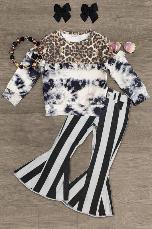 preorder Leopard Ink Pattern Long Sleeve Black Striped Denim Pants Girls Set