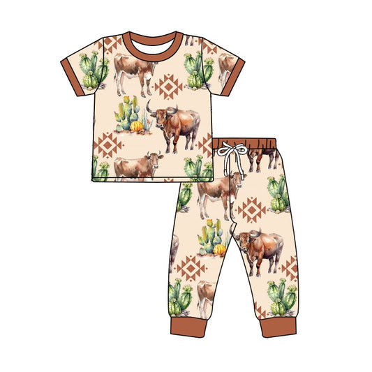 preorder BSPO0329 Western Aztec cow cactus short sleeve pants boys pajamas
