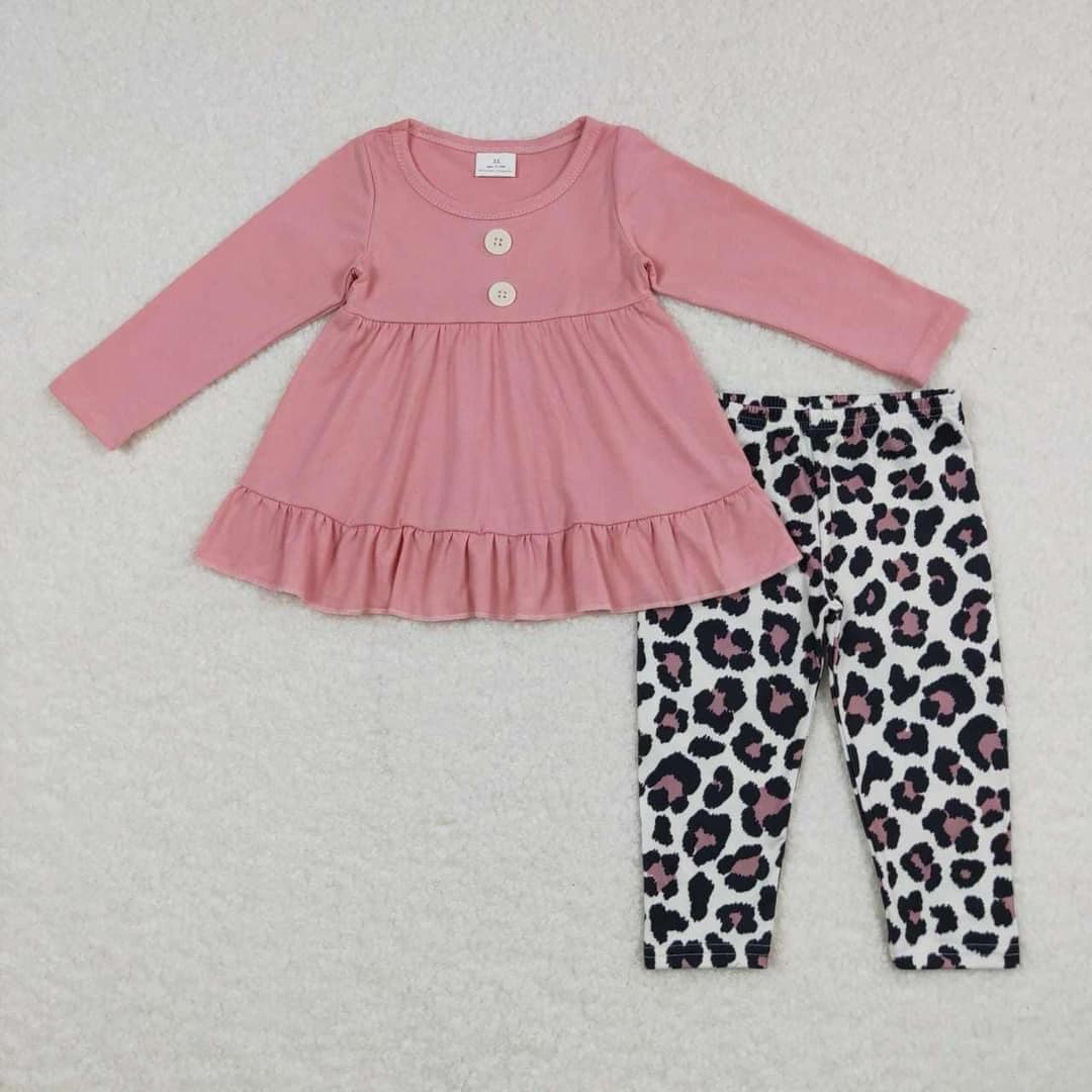 pink long sleeve leopard pants girls set