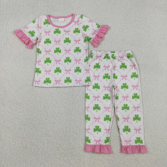 GSPO1838 St Patrick clover pink bows short sleeve pants girls pajamas