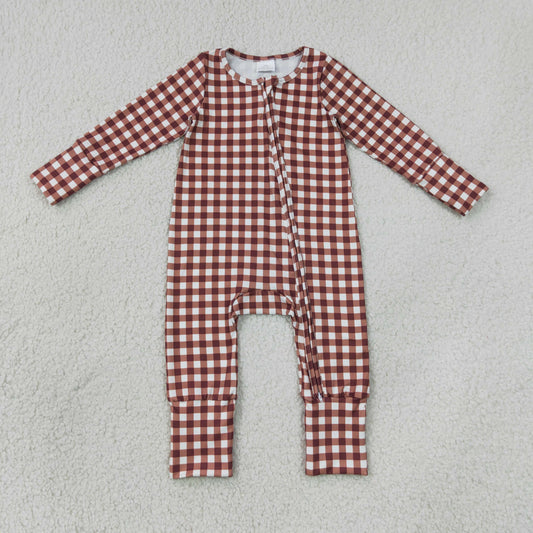LR3113 Brown Checkered Zipper Long Sleeve Boys Romper
