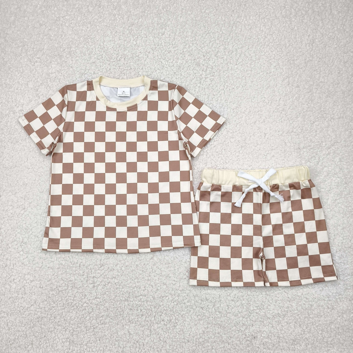 BSSO1422 khaki checkered short sleeve shorts boys set