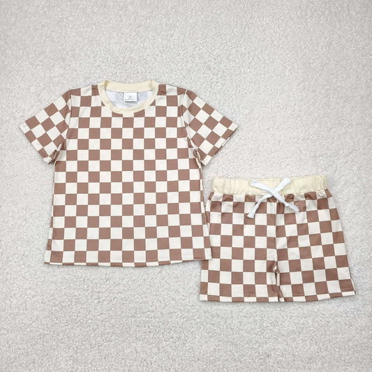 BSSO1422 khaki checkered short sleeve shorts boys set