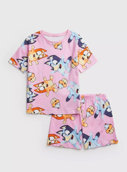 custom style Cartoon Dogs Pink Short Sleeves Girls Set