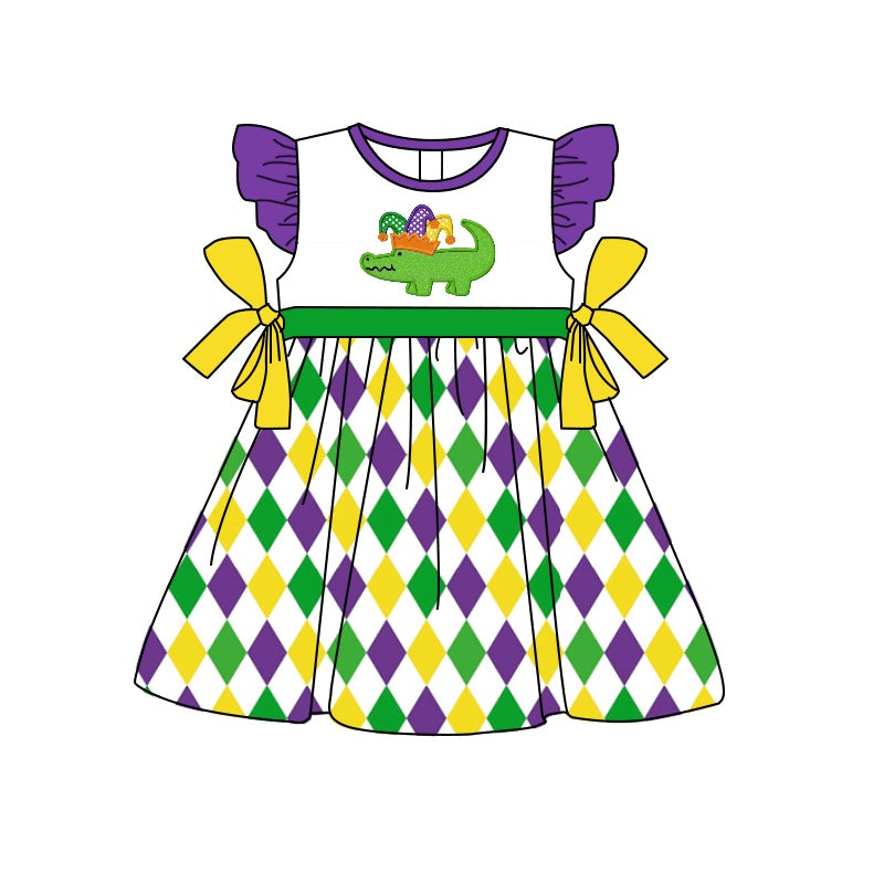 preorder GSD0539 Mardi gras green yellow purple flutter sleeve girls dress