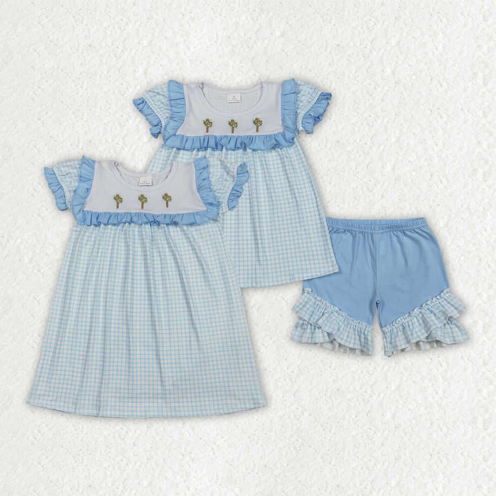 Easter Cross Blue Checkered Set/Dress Sibling Clothes RTS