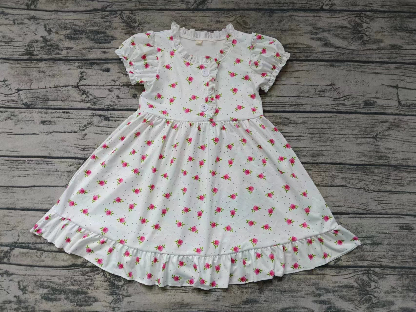 custom S cute pink flowers print short sleeve girls dress