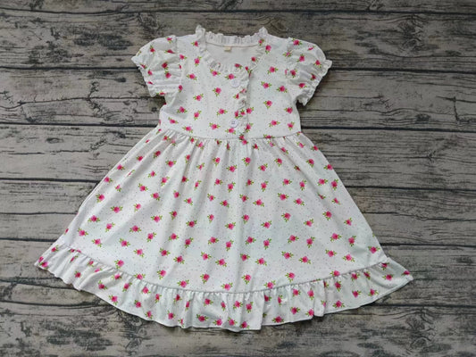 custom S cute pink flowers print short sleeve girls dress