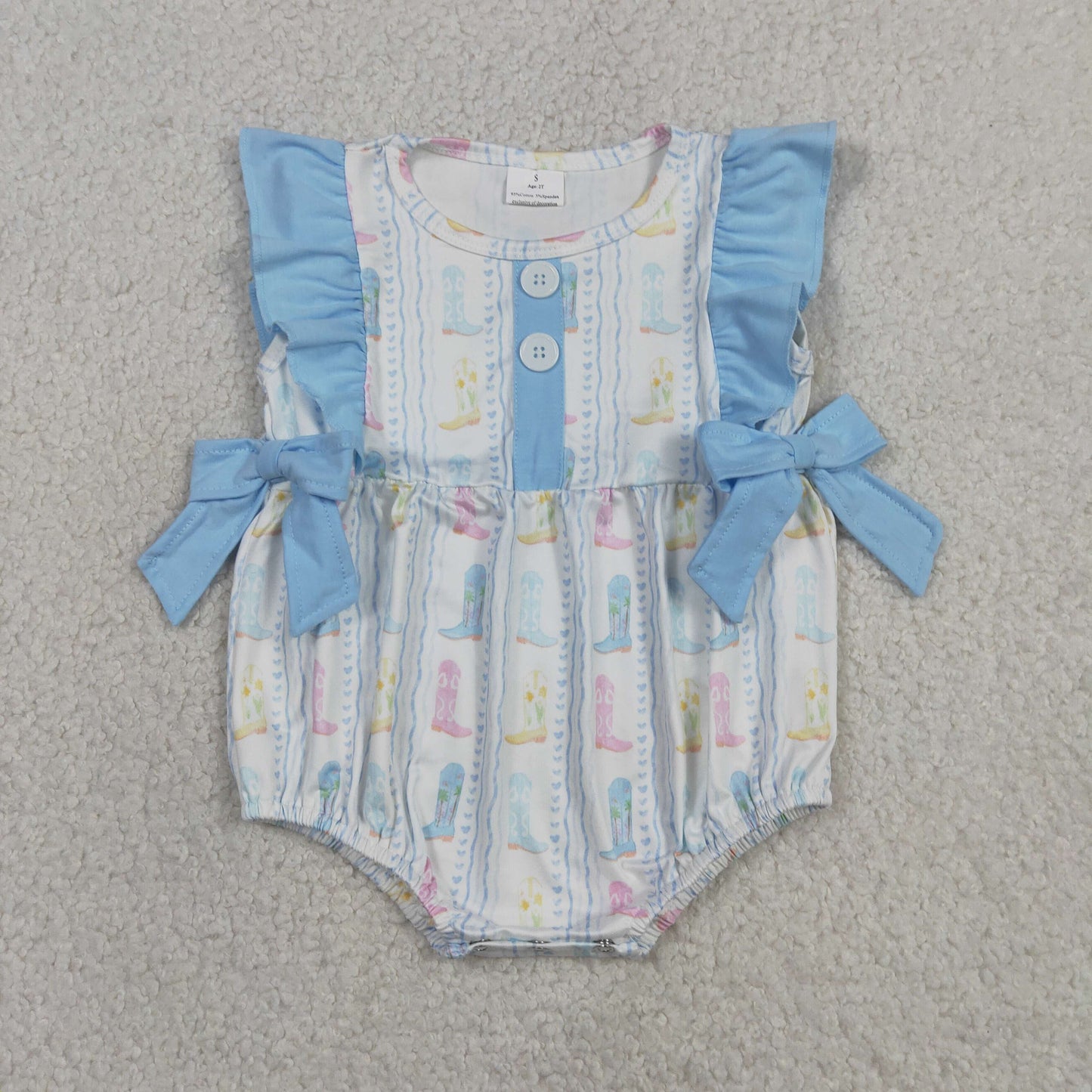SR4088 Western Boots Blue Flutter Sleeve Girls Romper