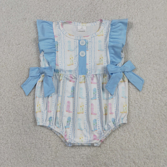 SR4088 Western Boots Blue Flutter Sleeve Girls Romper