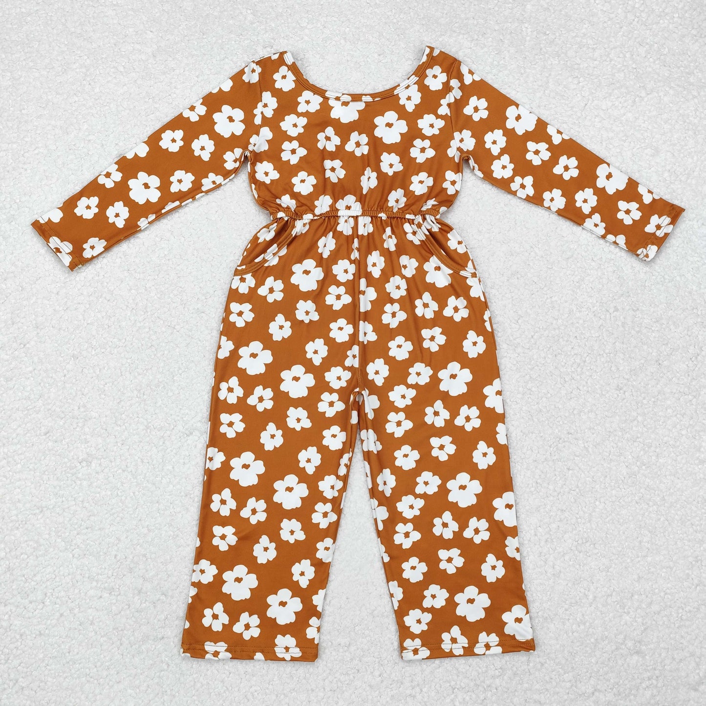 LR1838 white flowers brown long sleeve girls floral jumpsuits