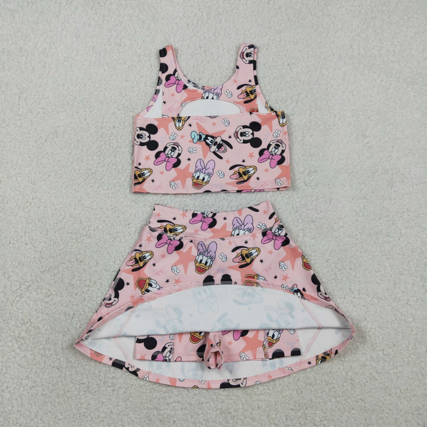 GSD2332 yoga cartoon M pink sleeveless skirt with shorts girls set